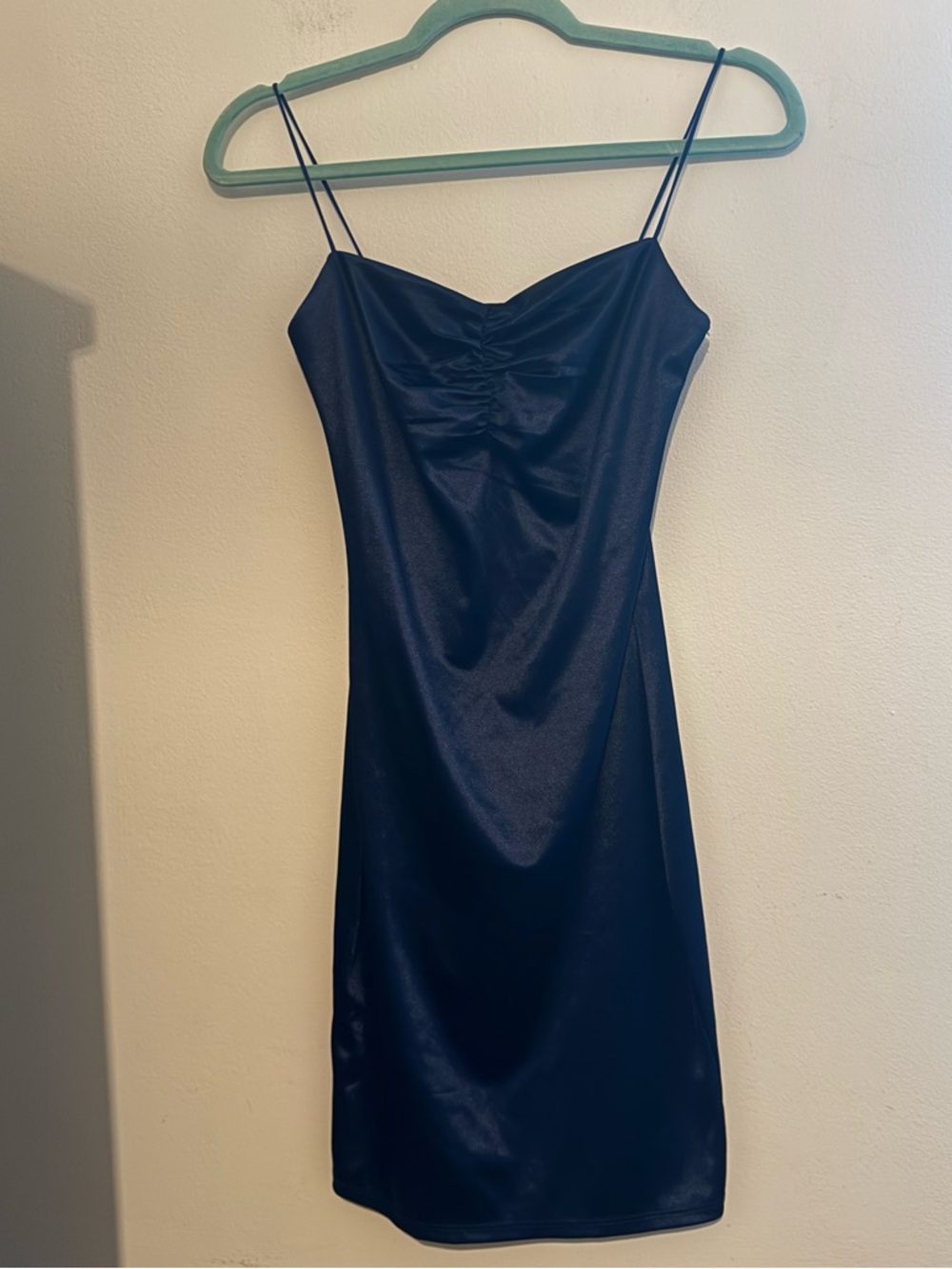 Bear Dance Navy Satin Slip Mini Dress with Spaghetti Straps